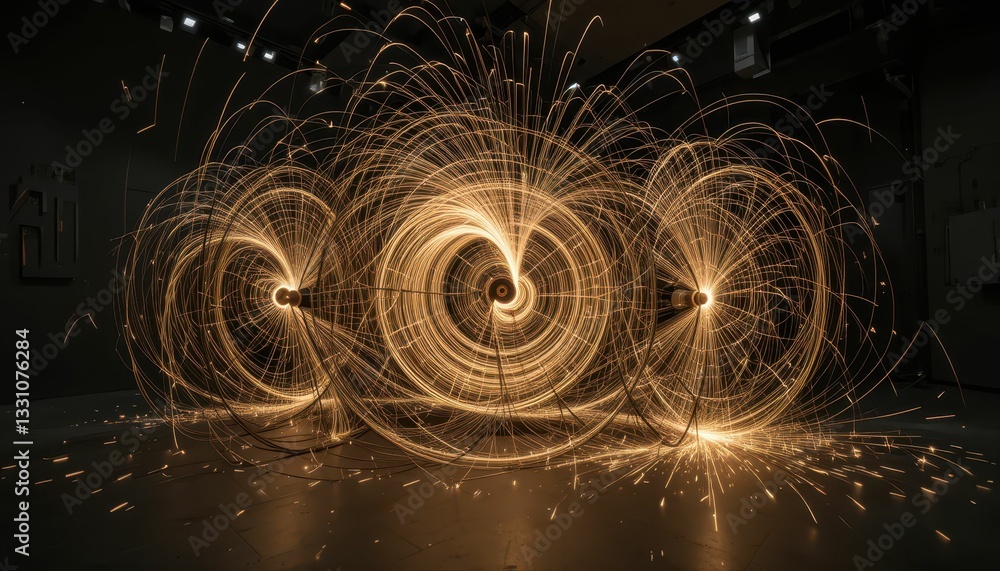 Poster dynamic display of bright sparks in dark space captured in motion