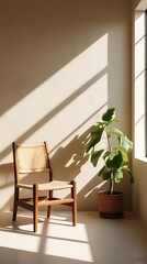 Minimalist interior with wooden chair and potted plant in warm sunlight, casting soft shadows on a neutral-toned wall, creating a serene and natural atmosphere

