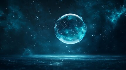 A glowing blue orb floats in a cosmic, star-filled space setting.