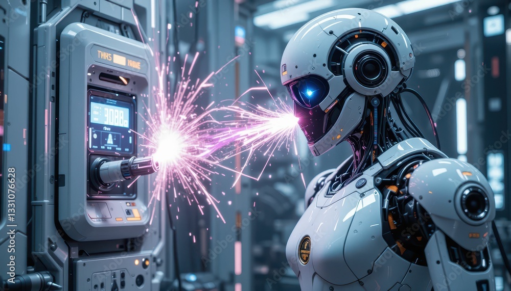 Aufkleber futuristic robot with sparks emitting from technological device