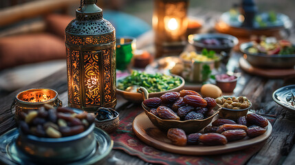 A traditional Ramadan iftar table with dates, water, and delicious Middle Eastern dishes, set under lantern lights.