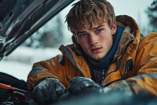 A young man works on his vehicle in a snowy setting, dressed in a warm orange coat and gloves, focused on the task despite the cold weather Generative AI