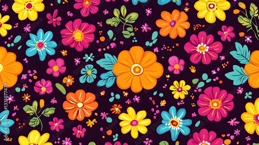 Poster colorful vibrant flower arrangement displayed in a repeating pattern design