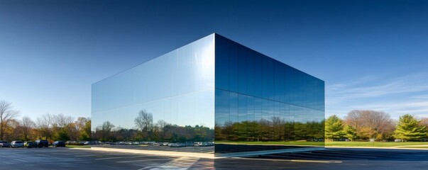 A large mirrored building reflects the surrounding environment and sky