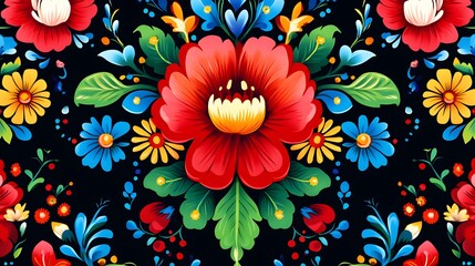 Colorful floral pattern with vibrant flowers and decorative leaves