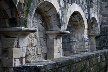 A close-up of stone arches and flying buttresses supporting a medieval structure, Experiment with the use of flying buttresses to support massive stone walls