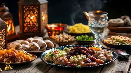 A traditional Ramadan iftar table with dates, water, and delicious Middle Eastern dishes, set under lantern lights.