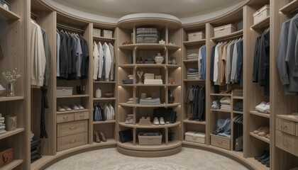 Elegant Walk-in Closet with Wooden Shelves and Organized Attire