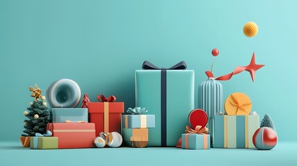 Festive 3D Rendered Gifts Against a Teal Background AI Generated