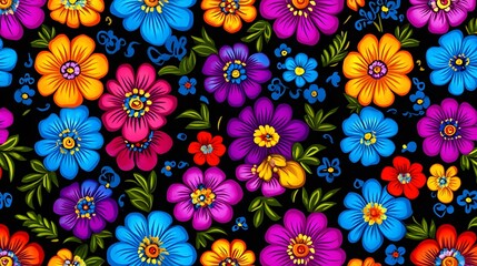 Colorful stylized floral pattern featuring blooms and leafy accents