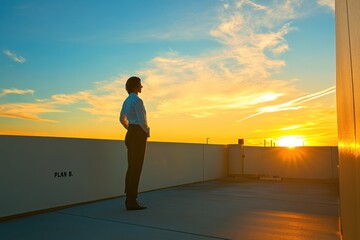 Fototapeta premium A business leader standing on a rooftop at sunset, contemplating the execution of 