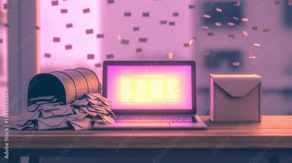 Poster overflowing inbox digital communication overload laptop emails mailbox