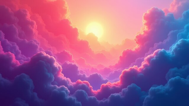 A vibrant artistic wallpaper depicting a dreamy sunset with colorful clouds in shades of pink, purple, and blue.