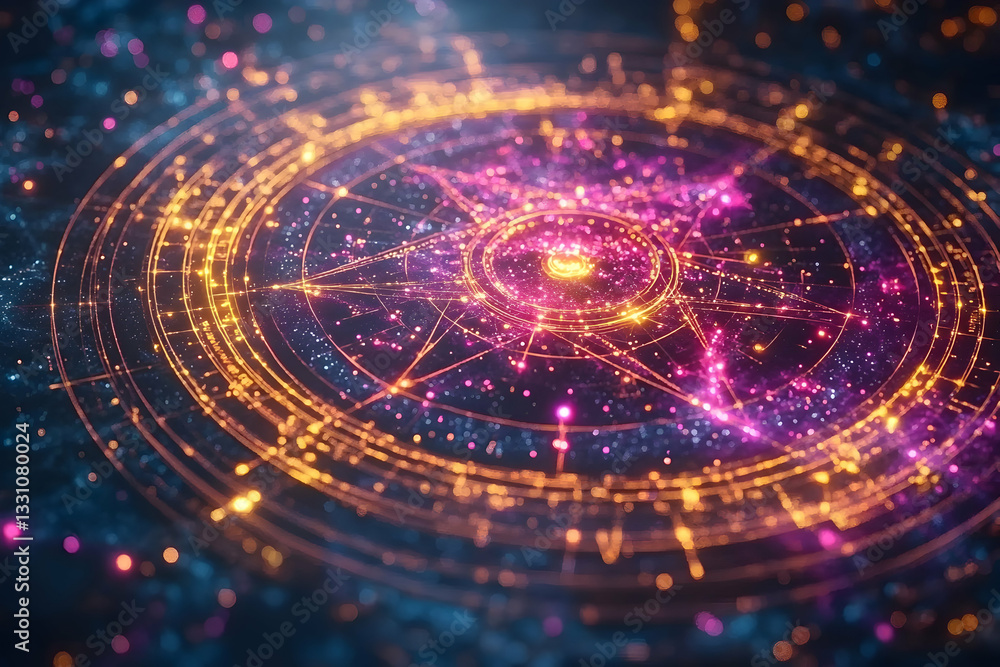 Poster glowing, intricate circular design with radiating lines and particles. complex, vibrant hues create 
