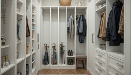 Modern Home Closet Organization with Shelving and Umbrellas