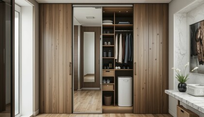 Modern Wooden Closet Design with Mirrored Doors and Storage Space