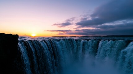 Majestic Waterfall Sunset  Dramatic Cliff  Ocean  Nature