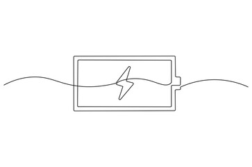 Continuous one line drawing of battery charging. Single line drawing illustration of battery charging symbol. Electricity energy concept vector art. Doodle line illustration.