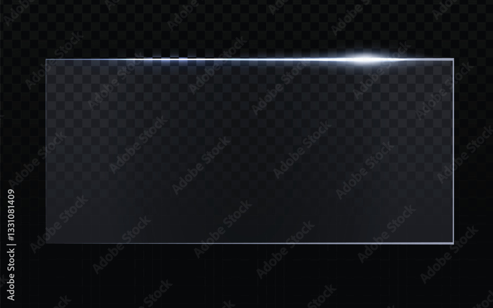 Poster glass pane vector, horizontal rectangular sheet with light reflection at the top edge. realistic tra