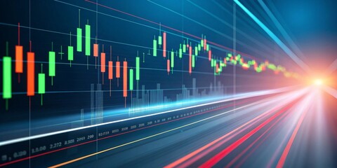 Stock market chart candlestick financial growth decline urban skyline night lights cityscape buildings analysis trading progress innovation global economy road journey investment risk