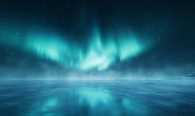 Fototapeta premium Vibrant auroras illuminate a tranquil night sky over a serene body of water.