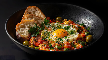 Warm and Inviting Dish of Menemen with Fresh Ingredients on a Deep Black Background - Turkish Menemen