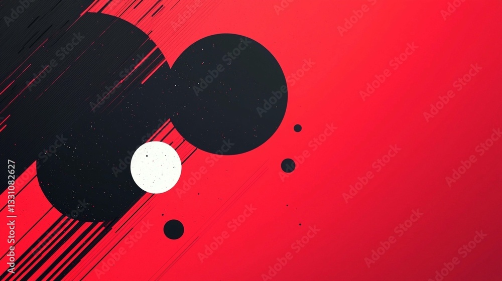 Poster abstract red background with black and white circles and diagonal lines.
