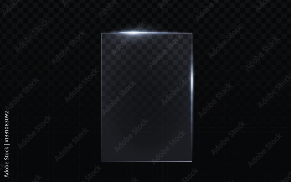 Poster glass pane vector, vertical rectangular shape with light reflection at the top edge. realistic trans