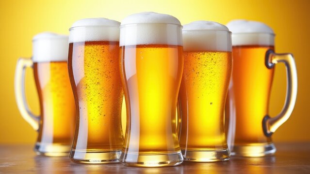 Five glasses of beer with frothy heads are lined up against a yellow background, showcasing their golden color and bubbles.