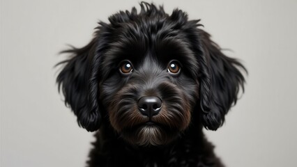 Black aussiedoodle with fluffy fur and dark eyes, facing the camera against a plain background.