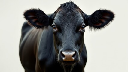 A close-up image of a black baldy cow with prominent ears and a focused gaze.