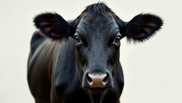 A close-up image of a black baldy cow with prominent ears and a focused gaze.