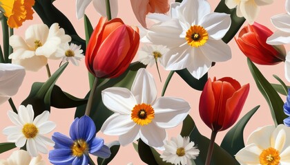 Spring floral textile design featuring tulips and daffodils vibrant colors nature close-up artistry