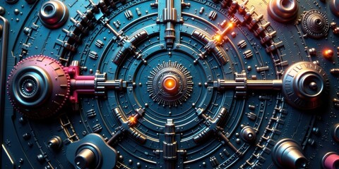 Intricate Metallic Disc A Futuristic Technological Marvel Featuring Complex Gears and Intricate Details