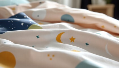 Pastel-colored textile featuring stars and moons bedroom fabric design cozy setting close-up dreamy concept