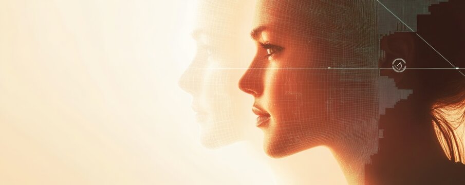 A womans profile view displays digital network overlay