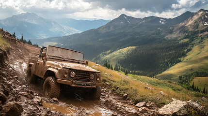 An off-road 4x4 truck covered in mud, conquering a rocky mountain trail.