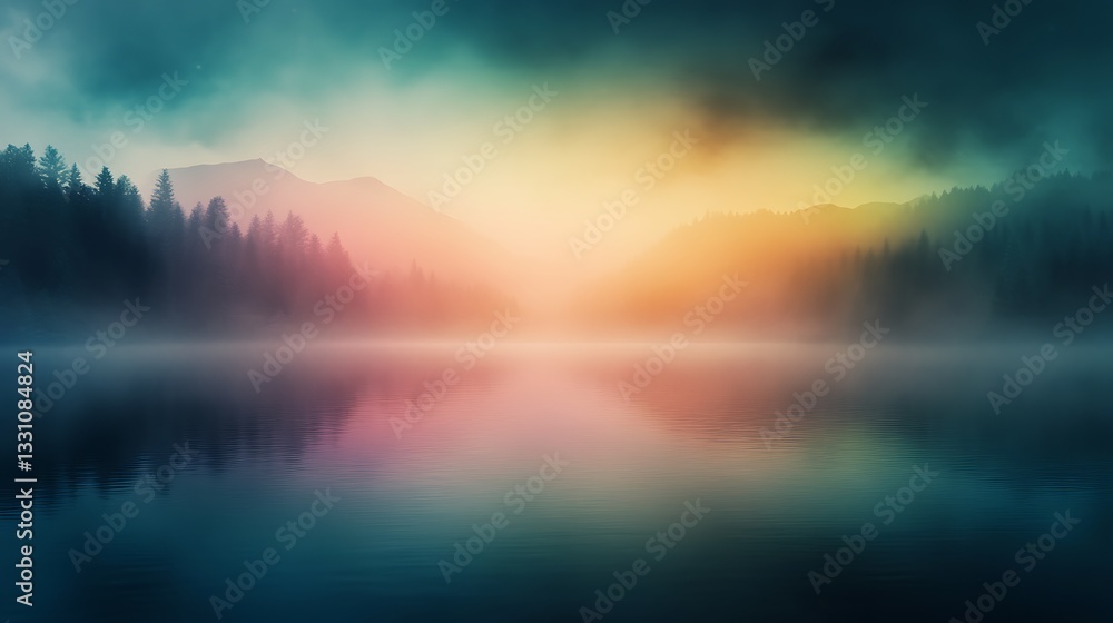 Poster serene landscape with a colorful sunset reflecting on a misty lake surrounded by mountains and trees