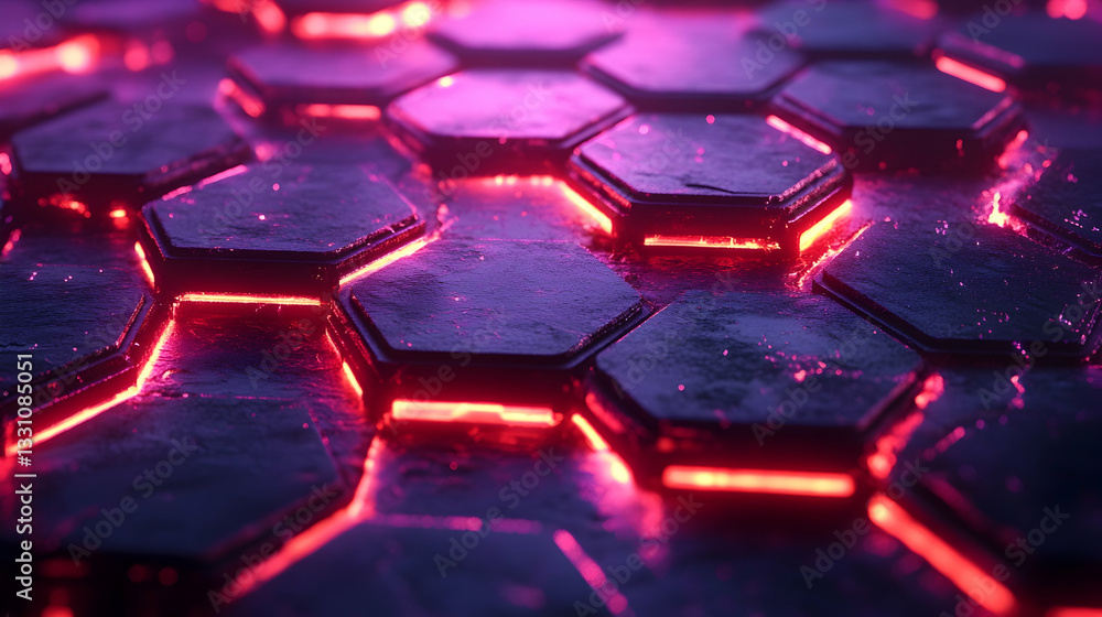 Poster glowing hexagonal pattern, dark, metallic texture, abstract background