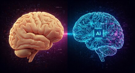 Abstract comparison of human brain and AI brain, symbolizing biological intelligence versus artificial intelligence in a futuristic digital environment.