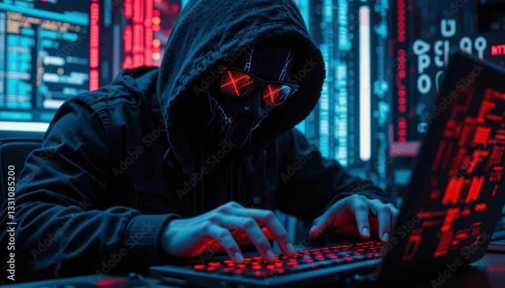 Aufkleber mysterious hacker in dark hoodie with glowing red eyes at computer