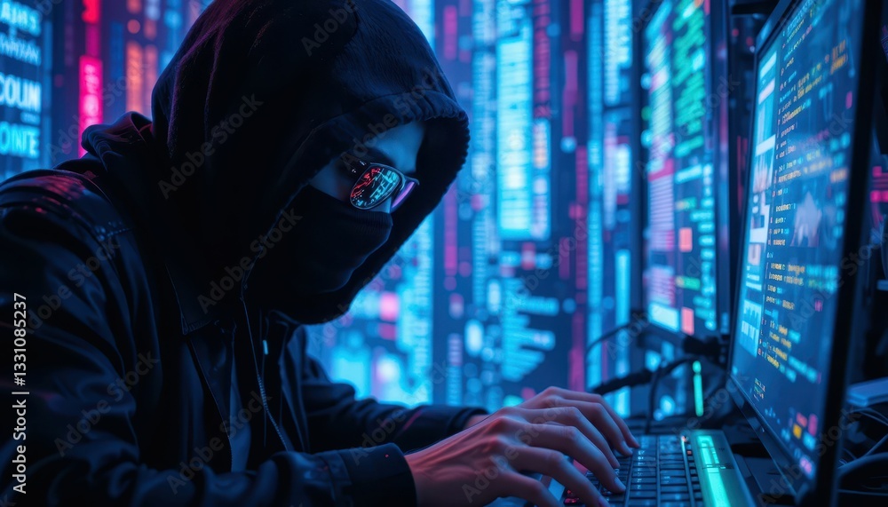 Poster mysterious hacker operating in dark room surrounded by digital code