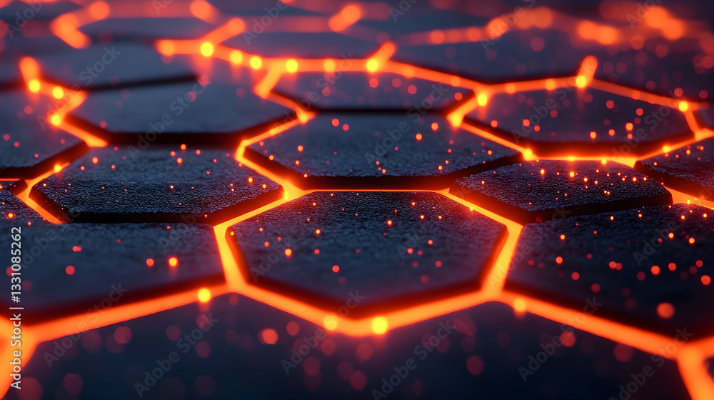 Poster glowing hexagonal pattern, dark background, abstract texture