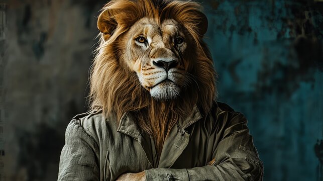 Confident Lion Man Portrait. Half-Human Half-Animal Concept For Leadership Or Strength With A Lion Head On A Human Body.
