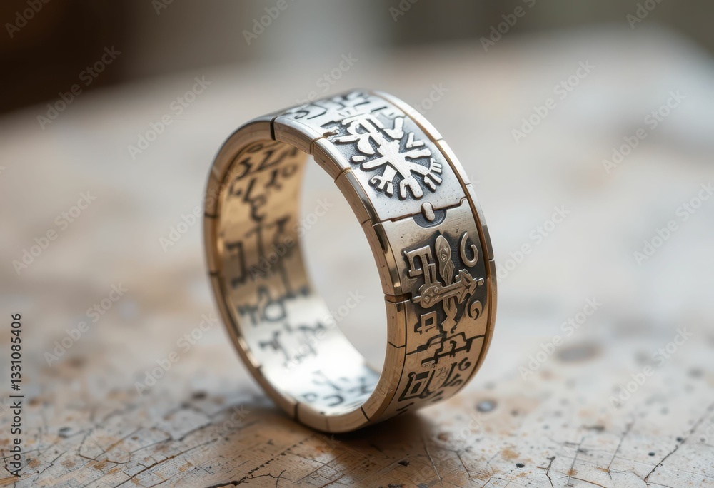 Poster intricate silver ring with unique patterns and engraved design