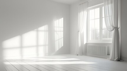 Minimalist bright empty room with white wooden floor, sunlight through large window with sheer curtains, clean interior design, modern open space, soft natural lighting, peaceful atmosphere

