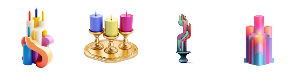 Group of colorful candles on decorative candlesticks against a white background isolated on white or transparent