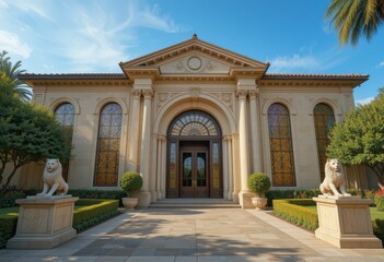 Obraz premium Majestic Classical Style Mansion with Lion Statues and Gardens