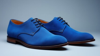 Stylish blue men's suede shoes with brown wooden soles and black laces, perfect for formal or casual wear.
