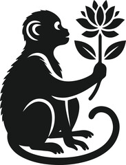 Black vector of a monkey offering a flower animal silhouette illustration